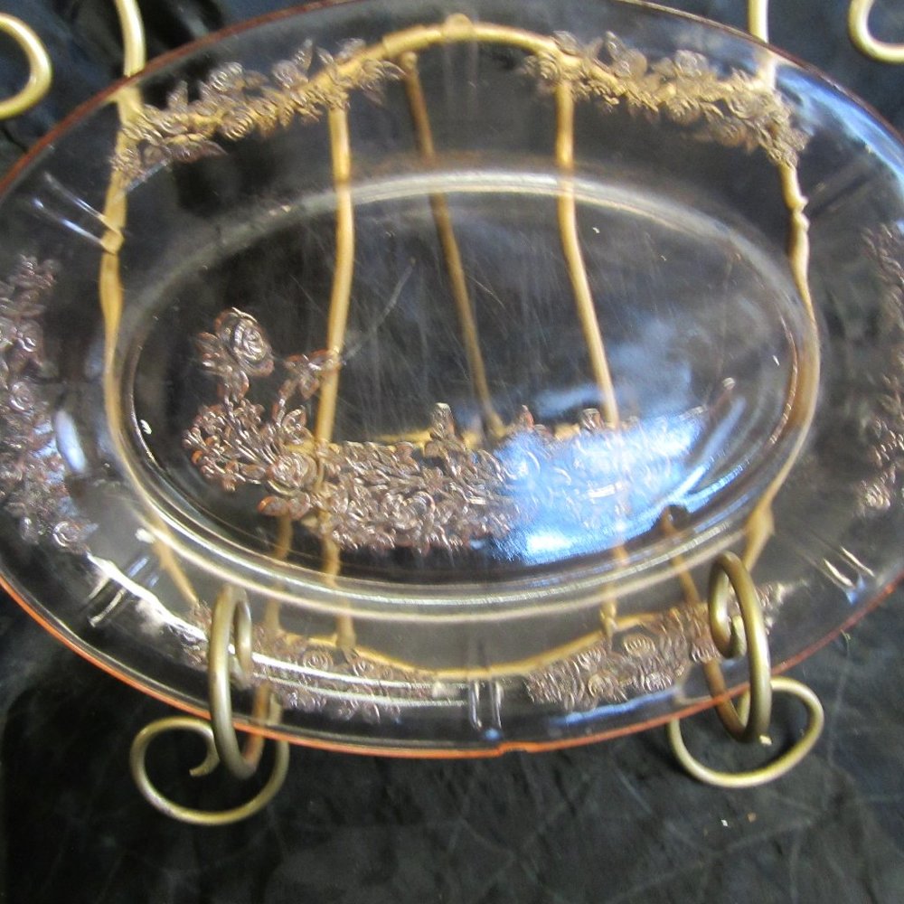 ANTIQUE PINK DEPRESSION GLASS PLATTER, ROSE FLORAL DESIGN